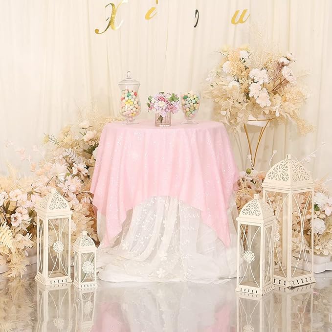 Eternal Beauty Sequin Tablecloth, 50x50 Inch Pink Square Glitter Table Cover for Valentines Cake Dessert Exhibition Party Birthday Events