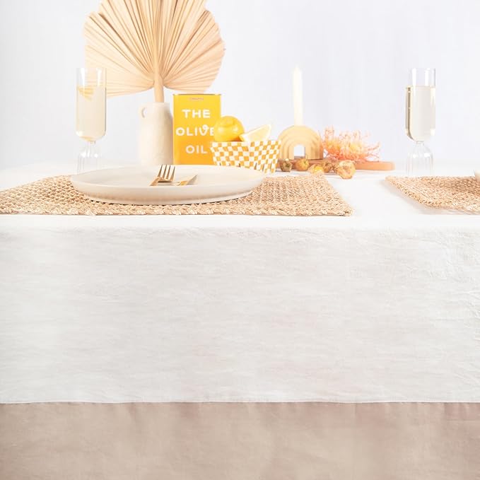 MONDAY MOOSE Farmhouse Rustic Picnic Style Decoration Rectangle Natural Stonewashed Cotton Tablecloth for Kitchen, Dining Room, Restaurant (55x70 inch, White/Beige)
