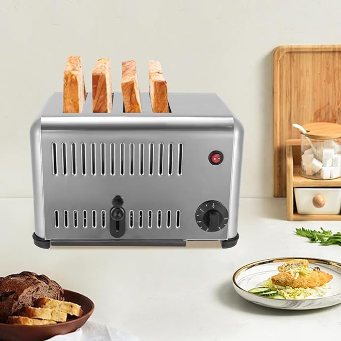4 Slice Toaster, Stainless Steel, 1650W, Time Adjustable, Even Heating and Fast Cooking, Bread, Sandwiches, Meatloaf, Silver