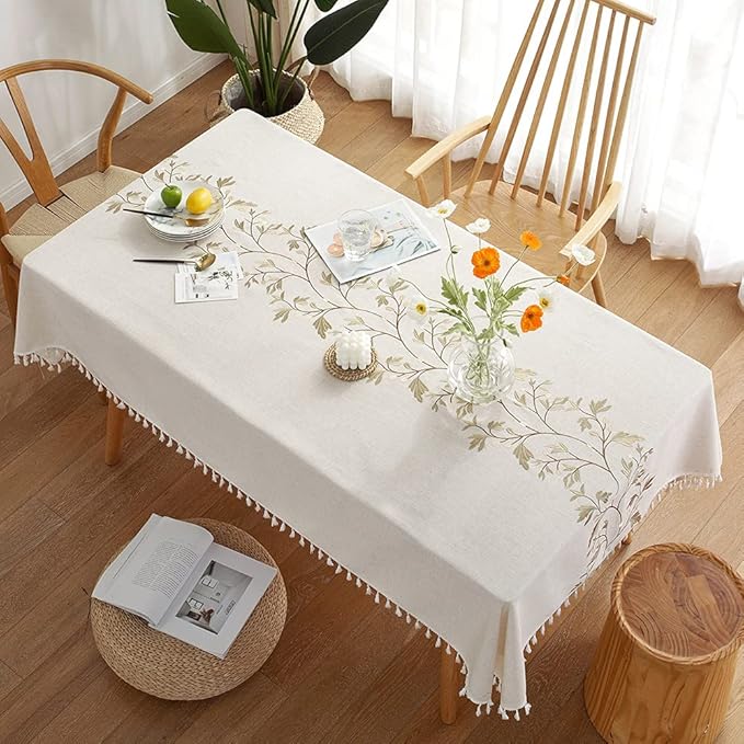 Pahajim Rustic Linen Tablecloth Cotton Waterproof Table Cloth for Kitchen Dining with Tassel Rectangle Tablecloths Rectangle/Oblong,55''x71'',4-6 Seats