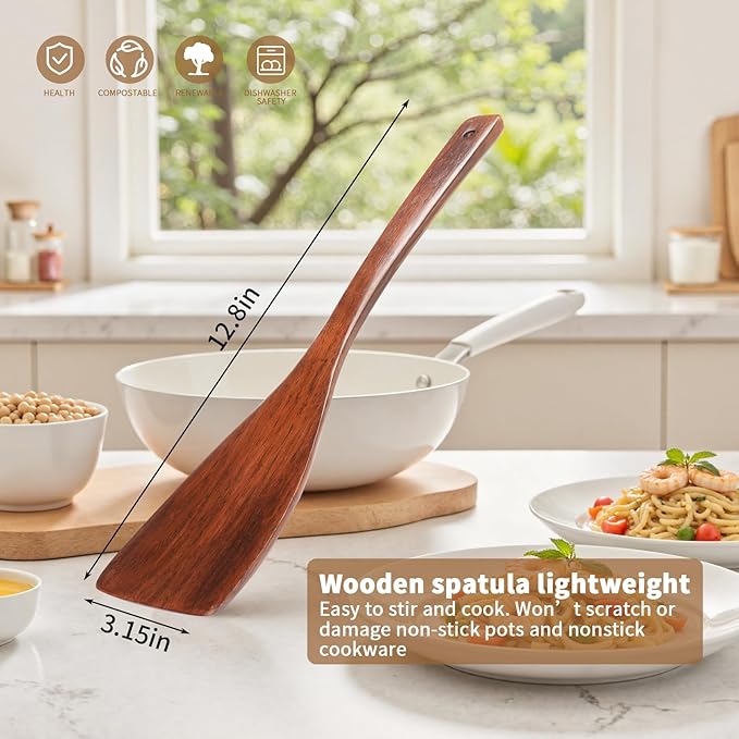 Wooden Spatula for Cooking, Long Handle Corner Spatulas for Frying Pan, Right Hand Wood Turner for Cooking Kitchen Utensils