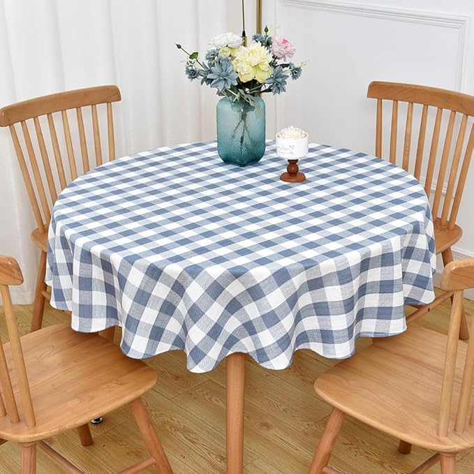 Gingham Table Cloth for Round Tables Sky Blue Checkered Plaid Tablecloth Heavy Duty Cotton Blend Washable & Wrinkle Table Cover for Outdoor Kitchen Dining Picnic Camping (60 inch Diameter)