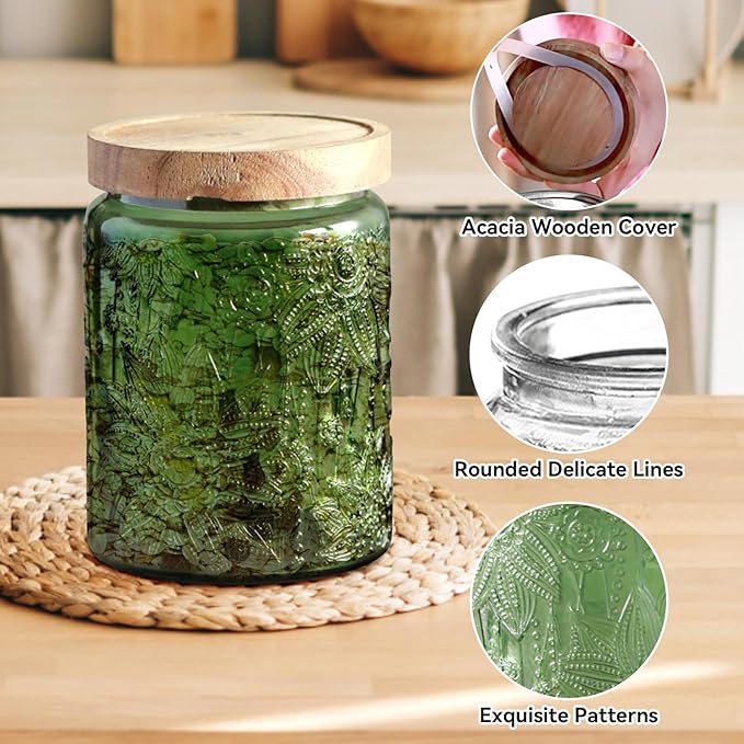 Vintage Glass Jar with Lid, Cookie Candy Jar Coffee Canister Food Storage Containers Set for Kitchen Office (Green Acacia)
