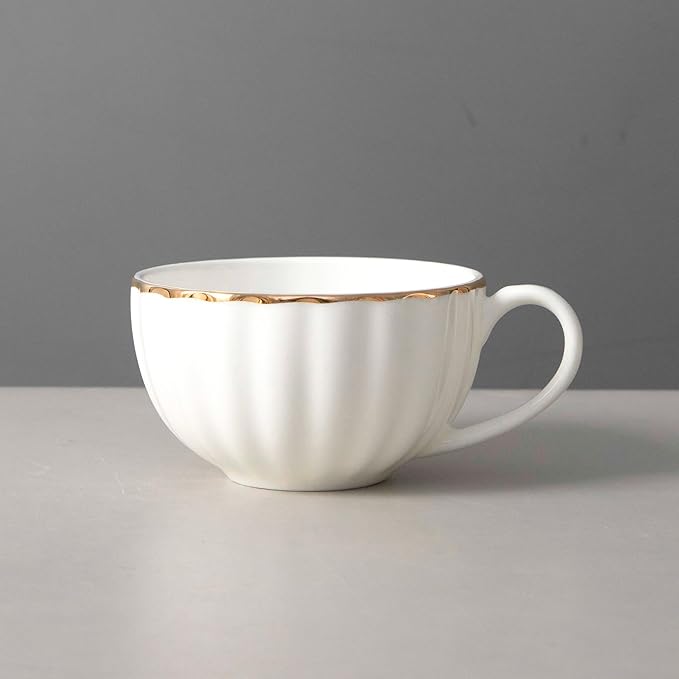 Bone China Tea Cups and Saucers Set (6 oz, Set of 4) – White Luxury Fine Porcelain Mugs for Tea, Coffee, Latte Art, Barista Use, Elegant Gifting