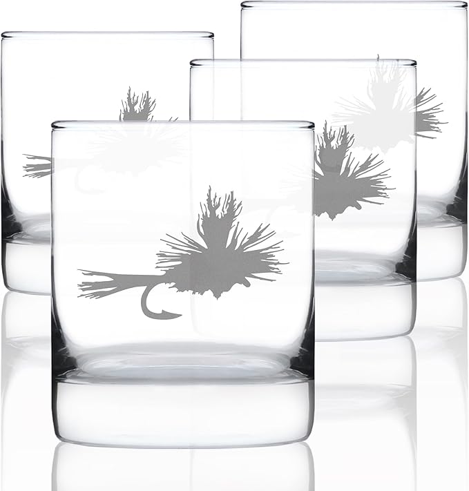 Fly Fishing - Whiskey Rocks Glasses - Set of 4 - Unique Flyfishing Themed Gifts for Fishermen - 10.25 Ounce