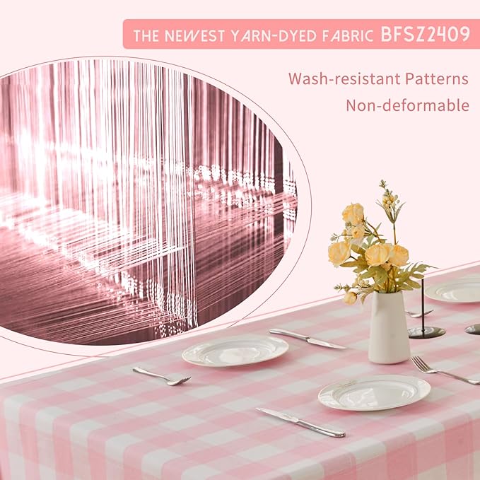 BALCONY & FALCON Gingham Table Cloth Rectangle – Reversible Water-Resistant Cotton Checkered Tablecloth for Outdoor Picnic, Camping, Kitchen, Holiday Party Decor (Pink White, 57x118 Inch)