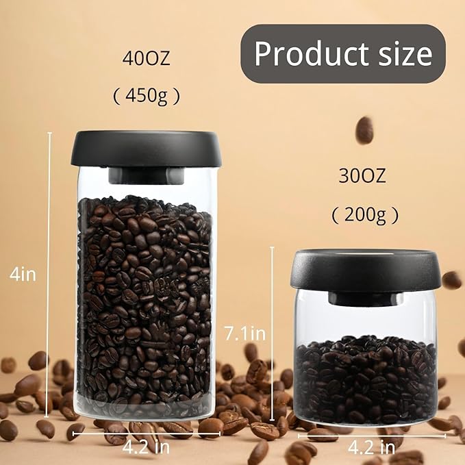 Vacuum Coffee Canister 2-Pack - 40oz & 30oz Coffee Storage Containers, Airtight Glass Coffee Containers for Freshness & Optimal Preservation