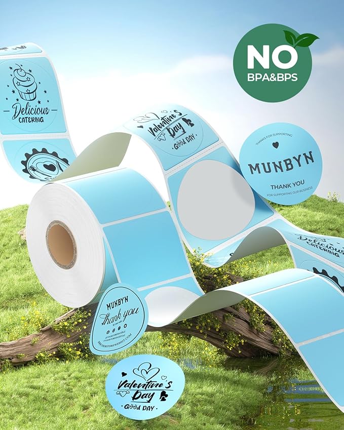 MUNBYN 2 Inch Blue Circle Thermal Sticker Labels, Self-Adhesive Round Direct Thermal Labels for Logo Design, QR Code, Inventory, 750 Sheets/1 Roll