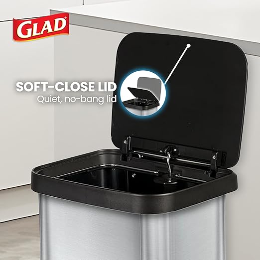 Glad GLD-74506 Stainless Steel Step Trash Can with Clorox Odor Protection | Large Metal Kitchen Garbage Bin with Soft Close Lid, Foot Pedal and Waste Bag Roll Holder, 13 Gallon, Stainless