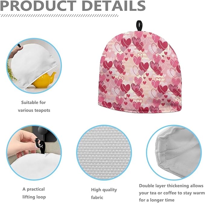Pink Tea Pot Cover for Teapot Insulation Cover Love Heart Tea Pot Cover Warm Tea Cosy for Teapot Home Decor
