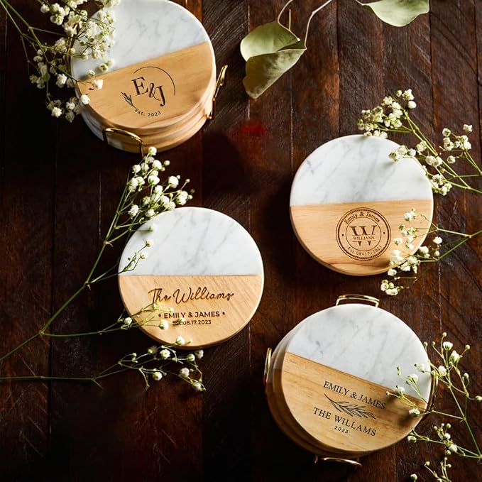 Personalized Coasters, Wedding Gift for Couple, Custom, Premium Craftsmanship Durability Tested, Custom Bar Coasters for Drinks with Monogram Engraved, Great Newlywed