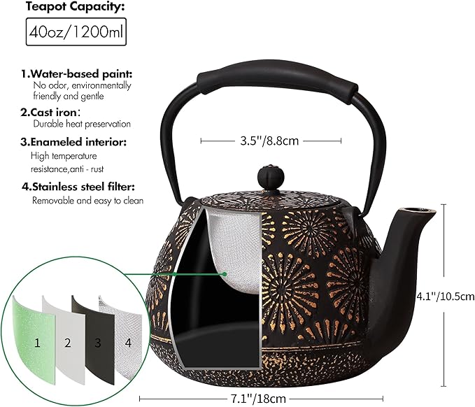 Cast Iron Teapot, 40oz Tea Kettle with Infuser for Stove Top, Sakura Design Japanese Tea Pot for Loose Leaf Coated with Enameled Interior, Silicone Handle 1200ml Black