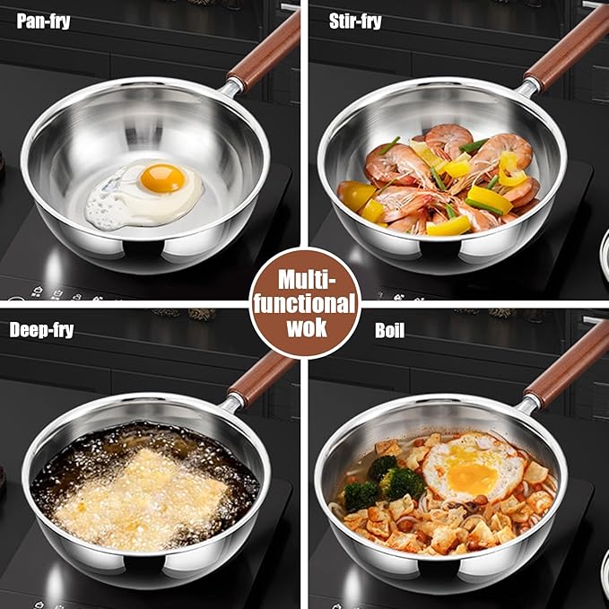 5-Ply Stainless Steel Wok Pan with Lid, Wide & Deep Cookware Stir-Fry Pans, Non-Stick Wok, Scratch-Resistant Pans for Cooking,Compatible with All Cooktops,with Steamer,9.45IN