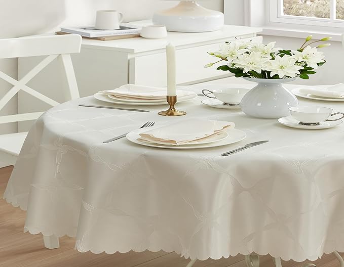 Newbridge Ribbons and Bows Damask Spring & Easter Holiday Fabric Tablecloth, Ivory, 60 x 84 Inch Oval, Wrinkle & Stain Resistant Table Cover
