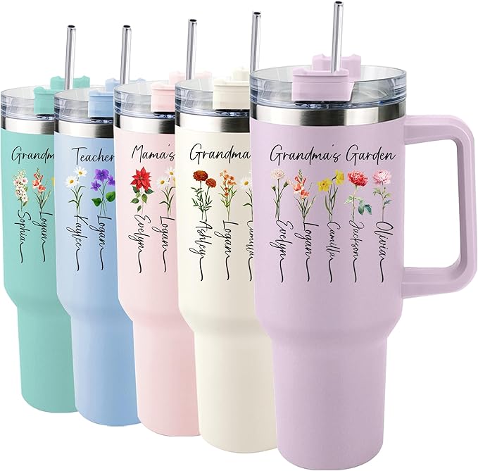 Ships Next Day,Birth Flower 40 Oz Tumbler with Handle and Straw, Personalized Tumbler with Name Insulated Cup Reusable Stainless Steel Water Bottle Travel Mug Christmas Birthday Gifts for Women