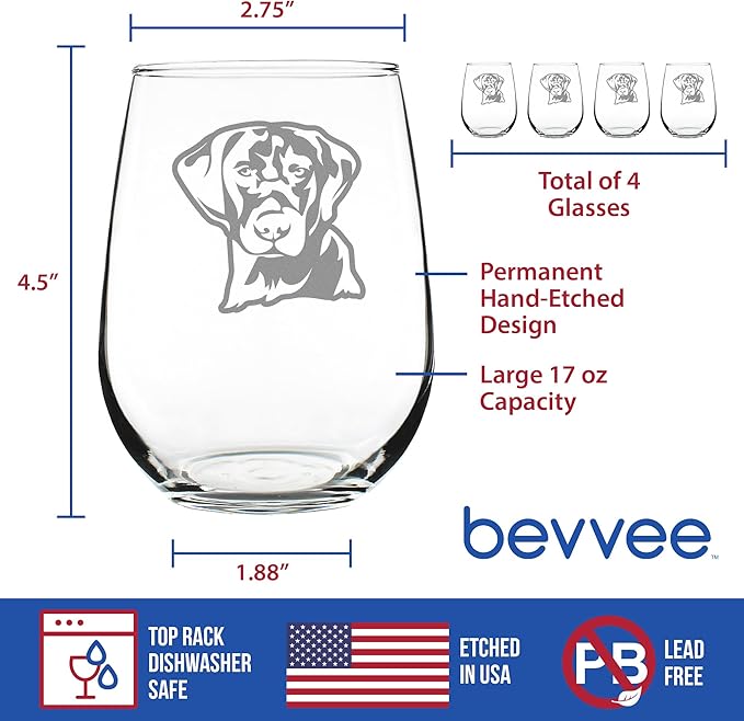 Bevvee Black Lab Face Stemless Wine Glass - Large Glasses - Set of 4 - Cute Gifts for Dog Lovers with a Labrador Retriever