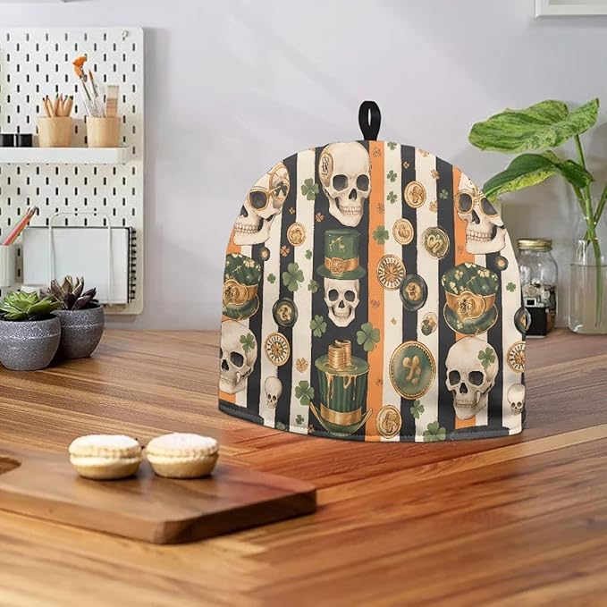 Human Skull Tea Cozies Soft Tea Cozy for Teapot Insulated for Women,Dust Proof Green Top Hat Gold Coin Teapot Insulation Cover Breakfast Warmer