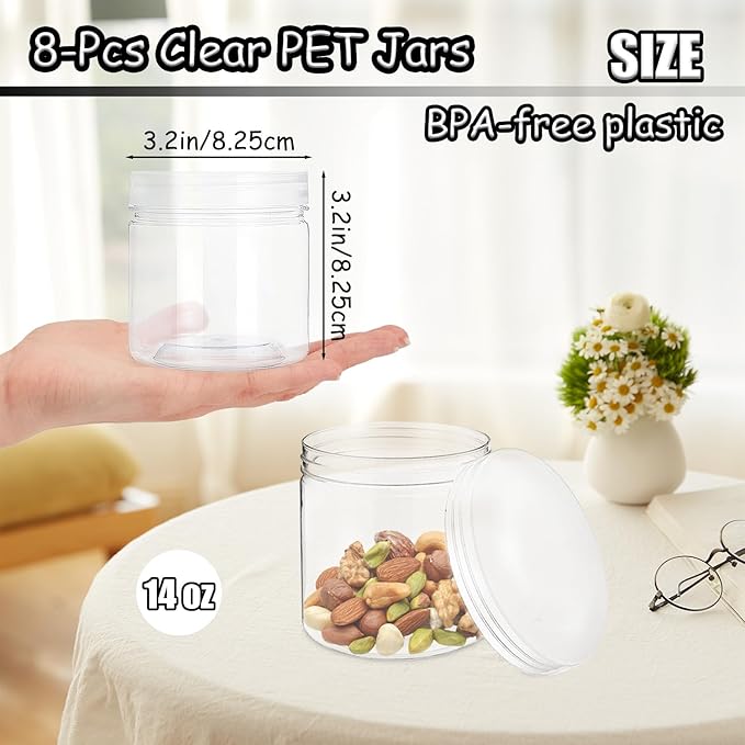 Plastic Jars With Lids, 8 Pack 12 Oz Clear Storage Jars Clear Plastic Storage Cake Container With Lids, Small Jars With Lid For Kitchen Cookie Candy Spices Dry Food Cream