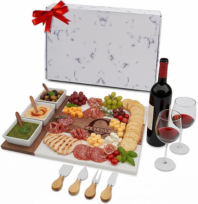 Personalized Charcuterie Board Set, Housewarming Gift for New Home, Custom Engraved Marble Wood Cheese Board, Realtor Closing Gift, New Apartment & First Home Gift for Couples and Friends