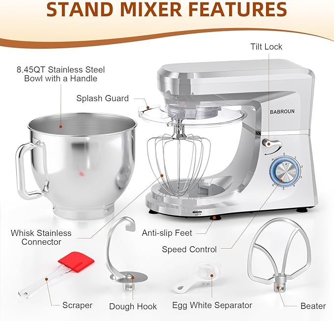 Dough Mixer 8.45 QT Electric Mixer - 660W 6 Speed Large Capacity Kitchen Stand Mixer with Whisk Dough Hook Mixing Beater Household Food Mixer for Baking Cakes Cookie Bread Salad(Silver)