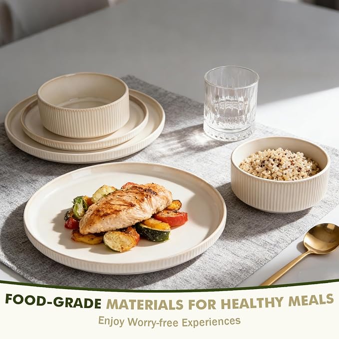 Stoneware Dinnerware Sets, Plates and Bowls Sets for 4, 12-Piece Ribbed Dishes – Chip & Scratch Resistant, Microwave and Dishwasher Safe Tableware, Beige