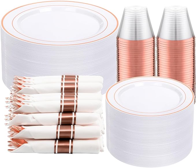 DaYammi 350PCS Rose Gold Plastic Dinnerware Set for 50 Guests, Plastic Plates for Party Include: 50 Dinner Plates, 50 Dessert plates,50 Pre Rolled Napkins with Rose Gold Silverware,50 Cups for Wedding