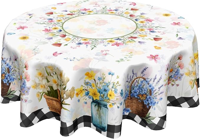 Spring Floral Round Tablecloth 60 Inch Summer Flower Vase Buffalo Plaid Circle Table Cloth Seasonal Holiday Rustic Easter Table Cover for Party Kitchen Dinner Home Decor