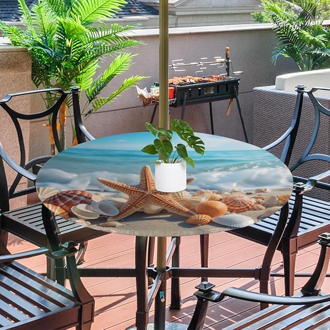 Outdoor Round Tablecloth with Umbrella Hole, Shell Starfish Fitted Table Cloth with Elastic 45"-56" Waterproof Oil-Proof Circle Patio Table Cover for Picnic Camping Party
