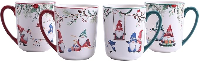 Bico Christmas Gnome Ceramic Mug Set of 4, Christmas Coffee Mugs, 16oz Holiday Cups for Tea, Cocoa, or Hot Drinks, Microwave & Dishwasher Safe