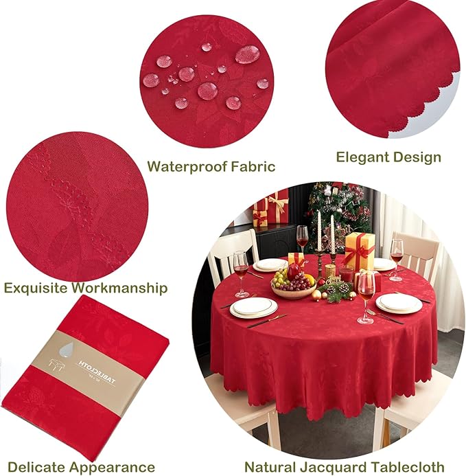 Christmas Round Tablecloth 60 Inch, Red Waterproof Washable Jacquard Fabric, Holiday Dining Table Cover for Kitchen Party Banquet Decor, Fits 20-46 Inch Table, Easy Clean