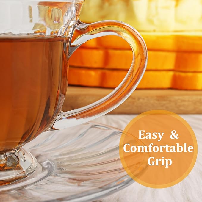 Tea Cups and Saucers Set of 6 - Modern Coffee Mugs - Footed Teacups Set for Espresso Cappuccino Latte Tea - Dishwasher Microwave Safe (5OZ / 150ML)