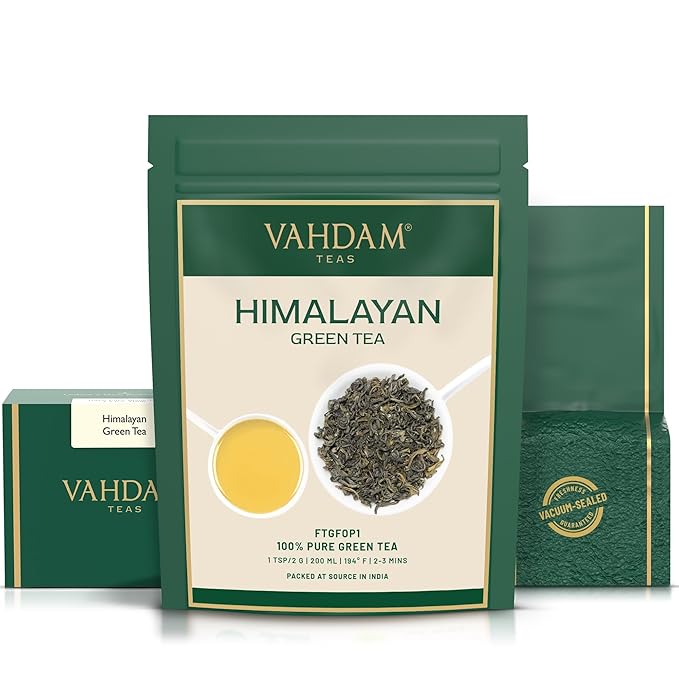 VAHDAM, Himalayan Green Tea Leaves (50+ Cups, 3.53 Oz) Non GMO, Gluten Free | High Elevation Grown Green Tea Leaves From Himalayas | Pure Unblended Single Origin Green Loose Leaf Tea | Vacuum Sealed