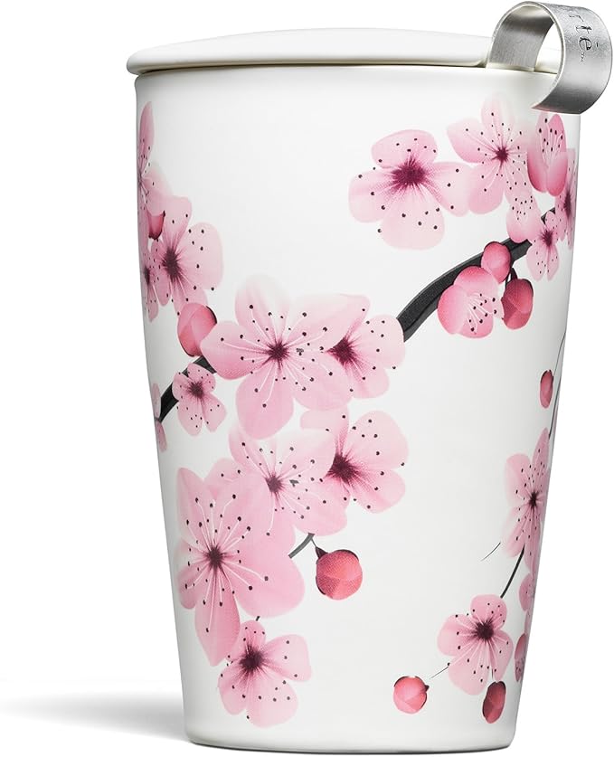 Tea Forte Double-Walled Ceramic Kati Cup, Removable Stainless Steel Infuser Basket and Lid, Steeps 12 oz Loose Leaf Tea, Dishwasher & Microwave Safe, Hanami