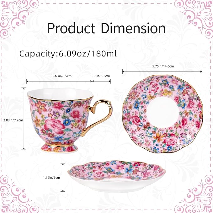 KAMMAK Tea Cups and Saucers Set of 2, Porcelain Coffee Cups with Saucer for Espresso, Cappuccino, 6.3oz Vintage Pink and Yellow Ceramic Novelty Mug for Home, Tea Party, Office