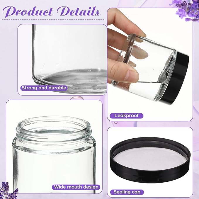 48 Pcs 4 oz Glass Jars with Lids, Clear Candle Jars with Black Lids Round Empty Candles Container Tins Candle Making Storing Lotions Spice Powder Liquid Sample Makeup (Clear)