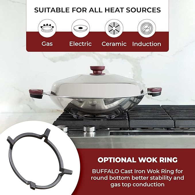 BUFFALO Stainless Steel Wok Pan with Lid Round Bottom 14 inch (35cm) Stir Frying Pan Tri-Ply Nonstick Cookware - Double Handle Cooking Pot for Induction/Electric/Gas Stoves + Wok Ring