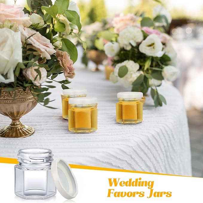 Nuogo 100 Pack 1.5oz Mini Hexagon Glass Jars Bulk for Wedding Small Honey Jars with Lids for Spice Canning Mason Gifts Candy Honey Wedding Party Favors DIY Crafts (White)