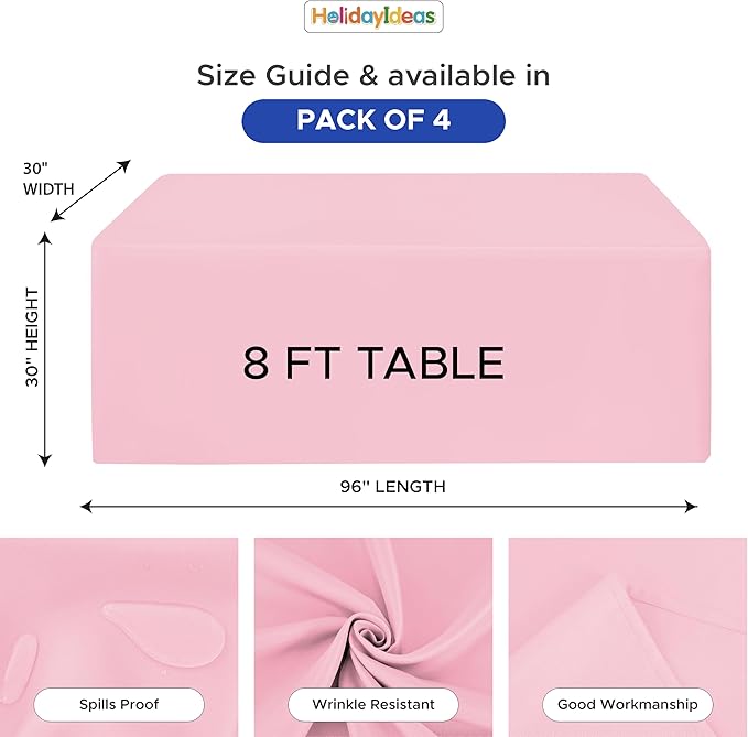 HolidayIdeas Fitted Tablecloths for 8 Foot Rectangle Table, Wrinkle Resistant Washable Table Cover 30x96 Inch for Vendor Booth Display, Banquet, Trade Show, Pink, 4 Pcs