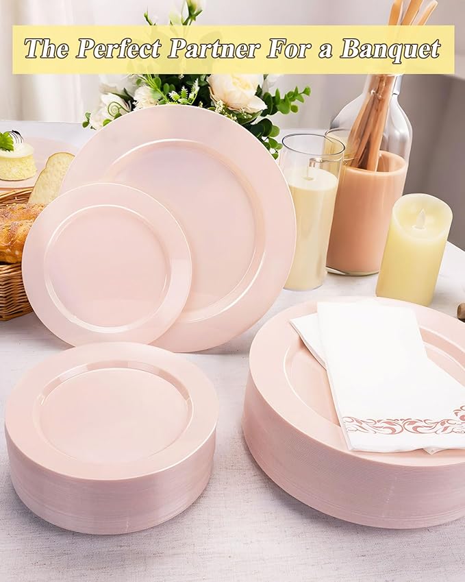 BESTSTAR 200PCS Pink Plastic Plates Set, 100 10.25 inch Dinner Plates and 100 7.5 inch Dessert Plates, Premium Disposable Plates for Party, Wedding