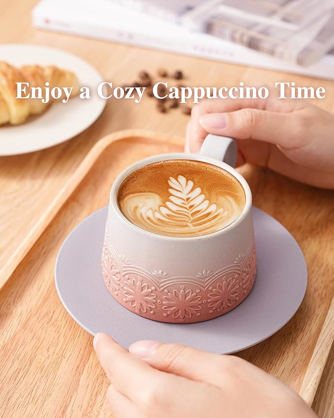 ZENS 7.3 Ounce Cappuccino Cups Set of 2, Artistic Embossed Ceramic Cappuccino Coffee Cups and Saucers, Double Espresso Cups Set of 2 for Au Lait, Matcha Latte or Tea, Women Gifts, Grey Pink
