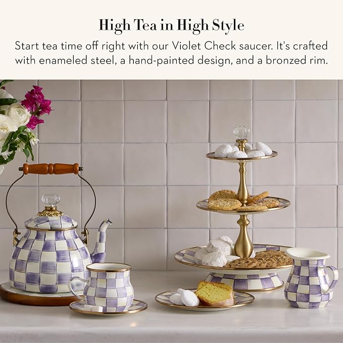MACKENZIE-CHILDS Enamel Saucer, Small Coffee and Teacup Saucer, Purple-and White Violet Check