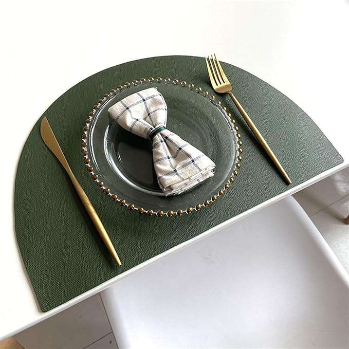 Semicircle PU Leather Table Mat Waterproof Heat Insulation Non-Slip Placemat Tableware Pad Coaster Kitchen Accessories 4pcs(Dark Grey)