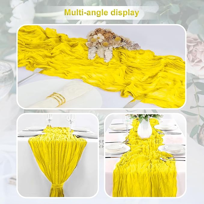 1 Pack Yellow Cheesecloth Table Runner 35x120 Inch 10Ft Rustic Gauze Cheese Cloth Table Runner Sheer Cheesecloth Table Runners for Wedding Party Bridal Shower Decoration