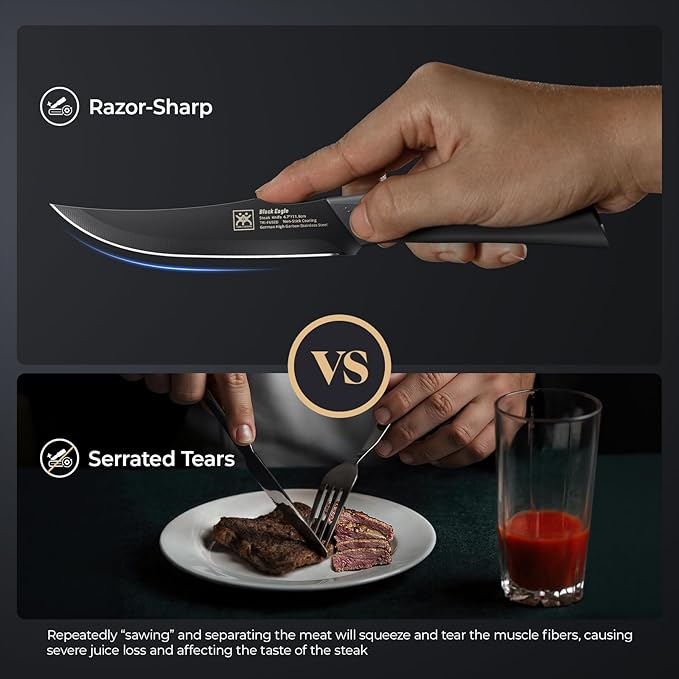Steak Knives Set of 8 with Magnetic Knife Strip, 4.7 Inch Dishwasher Safe Non Serrated Dinner Knives, Razor Sharp for Precise Cutting, Non-Stick Blade & Non Rust, Housewarming Gifts New Home