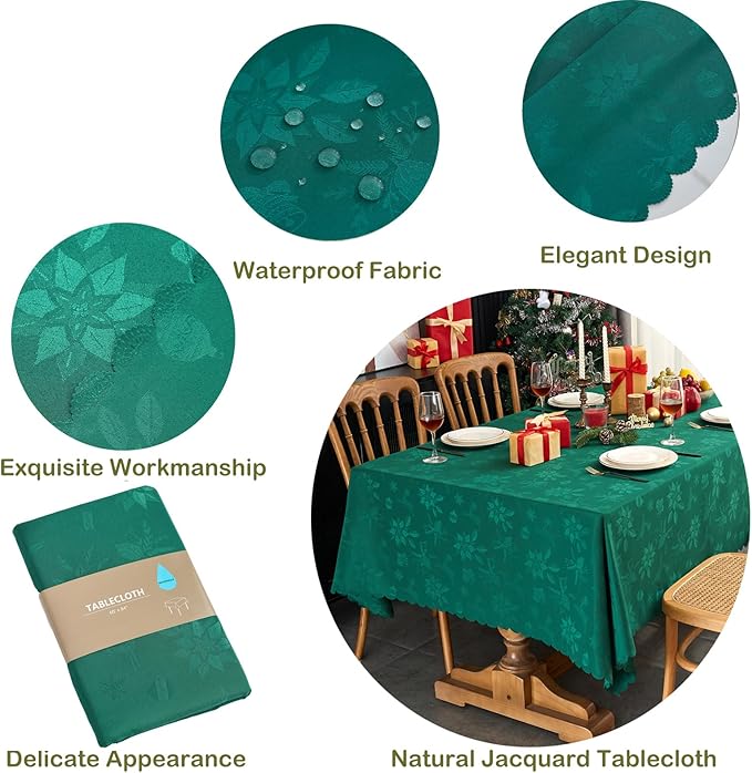 New Year Christmas Table Cloth for Rectangle Tables Jacquard Blackish Green Tablecloth Waterproof Washable Fabric Table Cover for Kitchen Dining Birthday Party Holiday Decor (60X84 in)