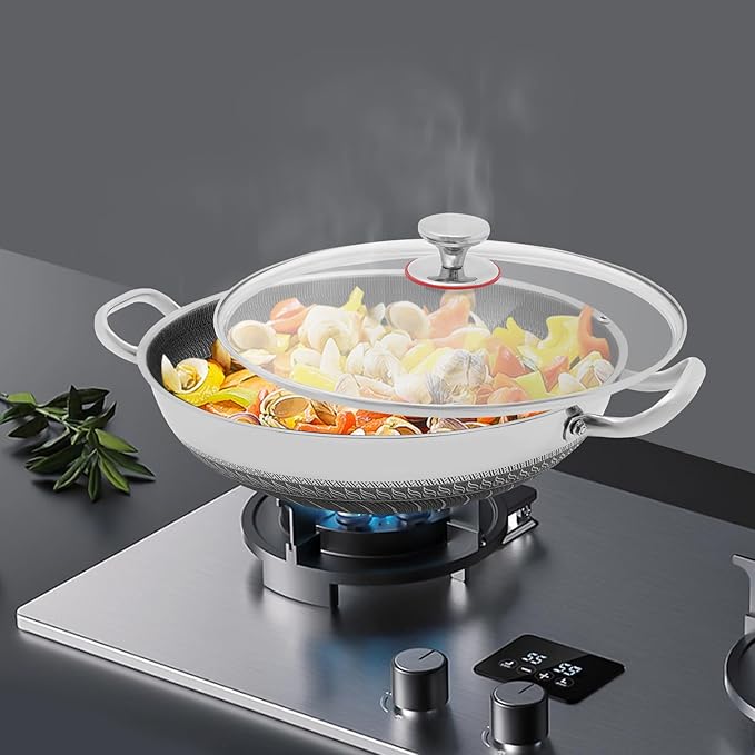 Wok Pan,Hybrid Wok with Lid,Non Stick Stainless Steel Woks & Stir-fry Pans Nonstick Frying Pan Dishwasher and Oven Safe, Works on Induction (14 inch)