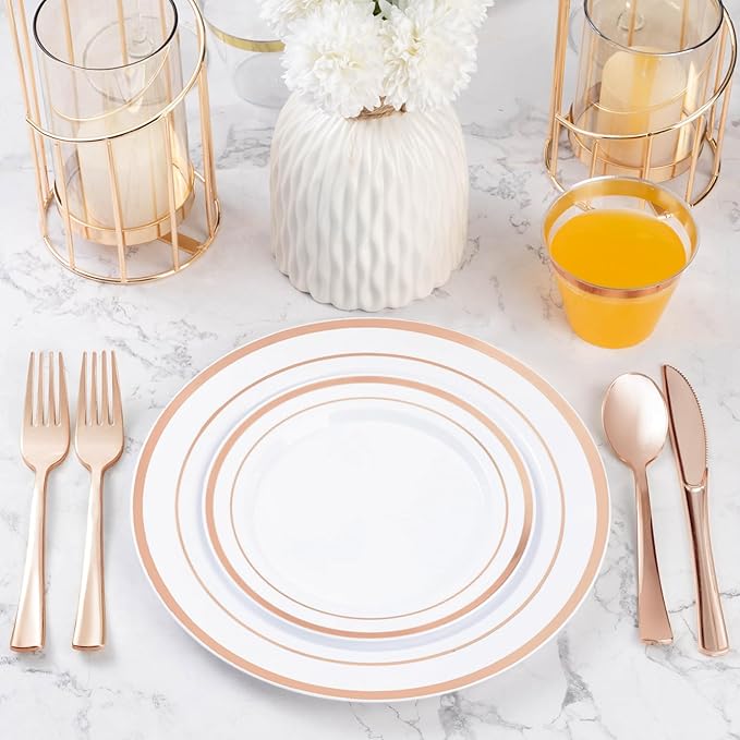 BESTVIP 600PCS Rose Gold Plastic Plate Set (100 Guests), Plastic Plates for Party Wedding Birthday, Disposable Dinnerware Set of 200 Plates, 200 Forks, 100 Spoons, 100 Knives for Christmas