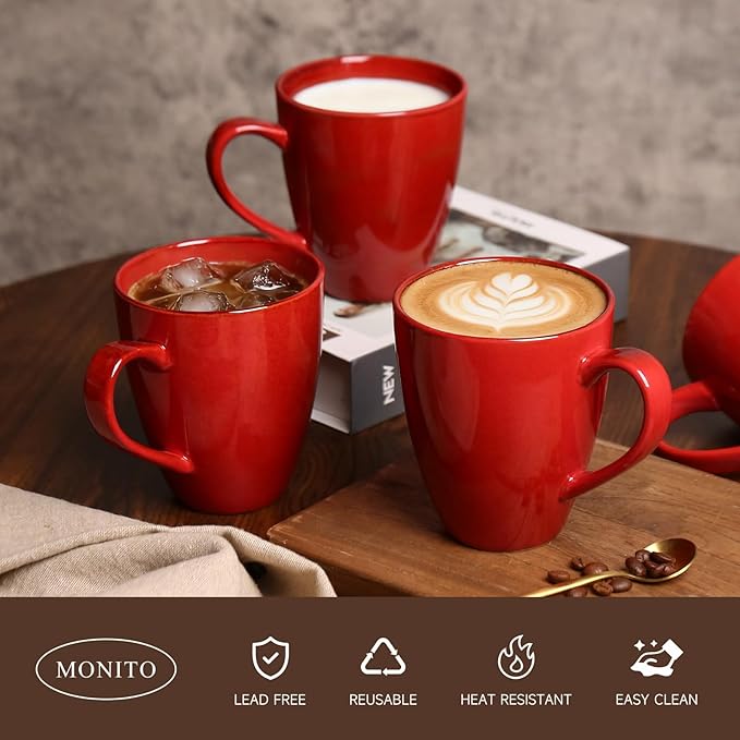 MONITO 17 OZ Coffee Mugs Set of 6, Modern Large Ceramic Coffee Mugs Set with handle for Tea/Latte/Milk/Cocoa, Funny Tea Cups for Office and Home, Engagement Gifts Red…