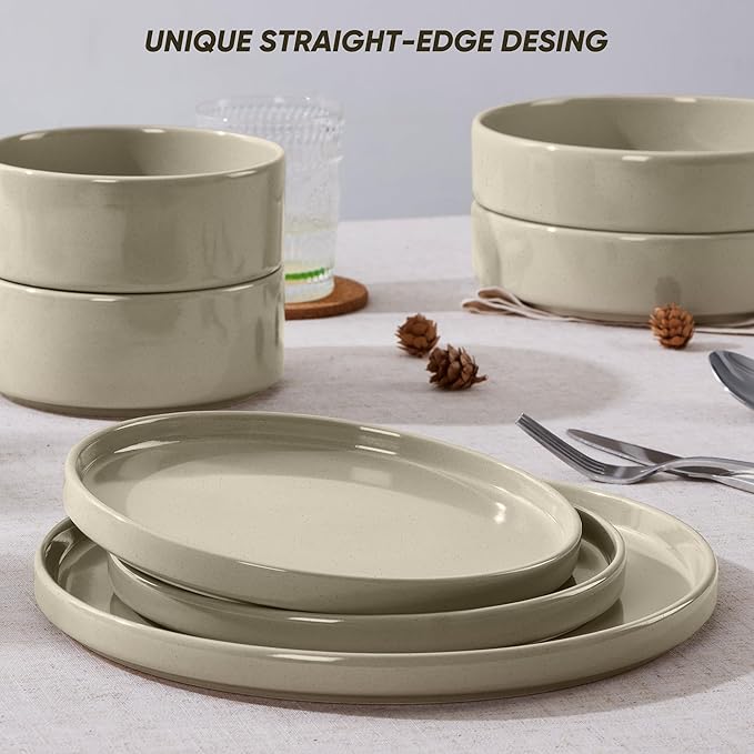 E-far 16-Piece Plates and Bowls Sets - Stoneware Dinnerware Sets with Pasta Bowls for 4 | Microwave & Dishwasher Safe Kitchen Modern Dish Set, Speckled Khaki