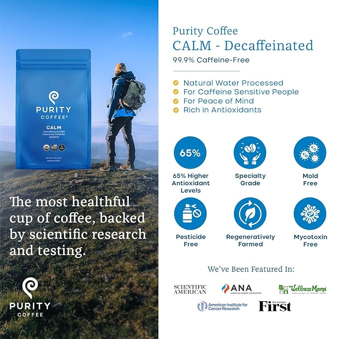 Purity Coffee CALM Decaf Medium Roast Ground (12oz Bag) | Specialty-Grade USDA Organic Mountain Water Process Decaffeinated Blend | Third Party Tested for Mold, Mycotoxins & Pesticides